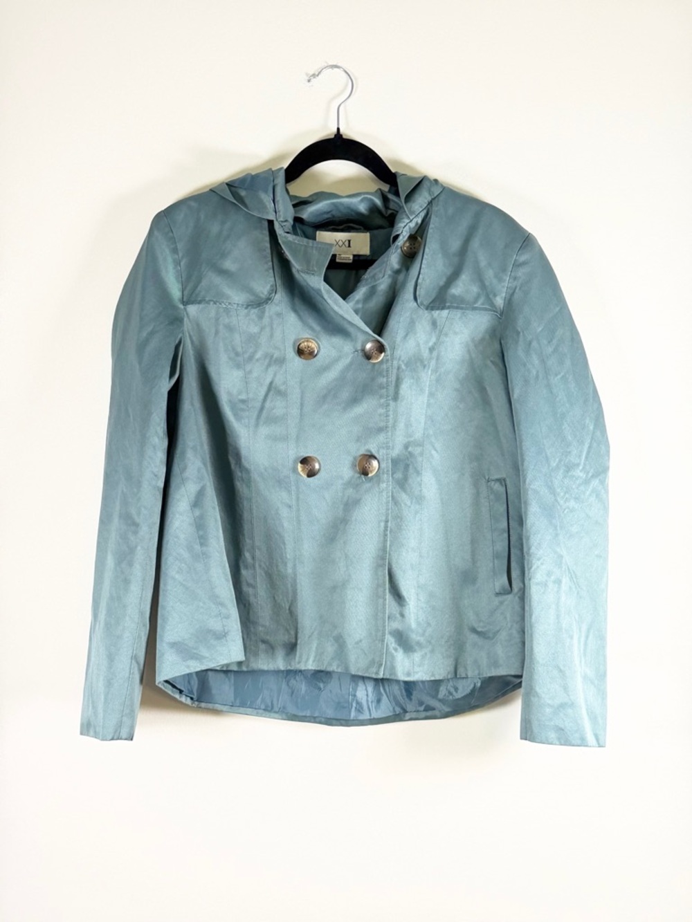 Forever 21 Light Teal Double-Breasted Pea Coat with Hood